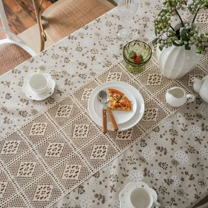 Rustic dandelion print tablecloth with hollow lace runner for dining room decor