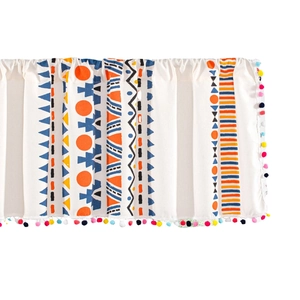 Bohemian geometric print valance curtain with colorful pom-pom trim in cotton linen fabric