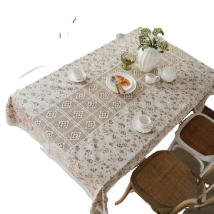 Floral print rectangular tablecloth with cream crochet lace runner for home dining decor