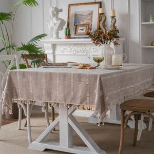 American style beige striped tablecloth with elegant embroidery and decorative tassels