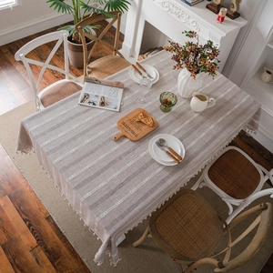 Rustic American style coffee striped tablecloth with elegant floral embroidery and tassels