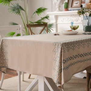 Linen table cloth with blue geometric tribal embroidery for dining room decor