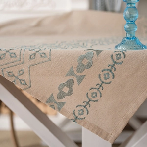 Blue geometric floral embroidery on beige cotton linen tablecloth for modern home decor