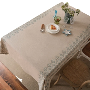 Linen cotton tablecloth with blue geometric embroidery patterns for modern dining tables