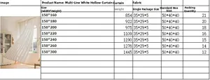 Size chart for white striped hollow embroidery curtains showing dimensions and weight