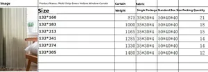 Detailed size chart for white striped hollow curtains showing weights and dimensions