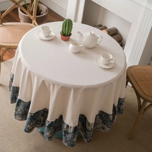 Round cream tablecloth with blue floral patchwork ruffle edge in American vintage style