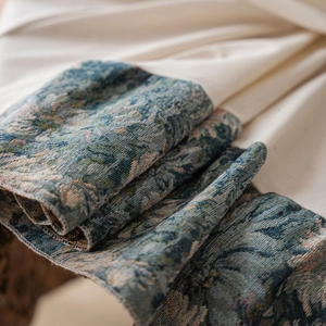Vintage floral jacquard tablecloth in blue and olive green thick textured fabric