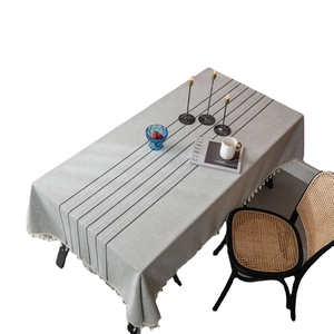 Gray striped rectangular tablecloth with diamond embroidery and white fringe tassels