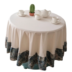 Round cream tablecloth with blue floral patchwork ruffle edge in American vintage style