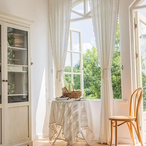 White striped embroidered window curtains with boho tassels for kitchen and living room