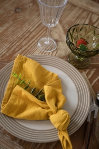 Close-up of ginger washed cotton napkin on ceramic plate with natural wood background