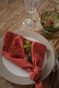 Close-up of knotted washed cotton napkins in terracotta on a rustic wooden dining table