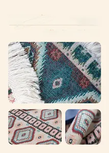 Macro view of heavy-duty jacquard tablecloth showing fabric texture and fringe trim