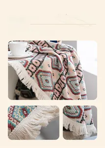 Detailed close-up of bohemian geometric table cloth featuring elegant white tassel fringes