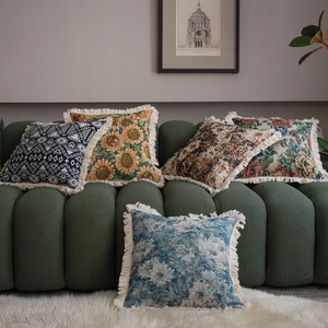 American Retro Jacquard Cushion Cover With Tassels Botanical Floral Geometric Pattern Decorative Pillow Case For Sofa Home Decor