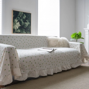 Floral lemon print sofa cover with ruffle edge in white cotton linen for living room decor