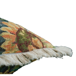 Vintage jacquard sofa pillow with yellow and green floral patterns and cotton fringe trim