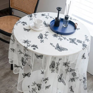 French vintage white round tablecloth with black butterfly and floral embroidery lace
