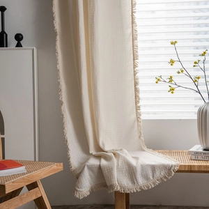 Cream waffle texture curtains with tassels for kitchen in American minimalist style