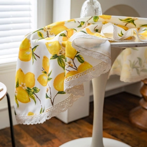Mediterranean lemon print tablecloth with elegant white lace borders for round tables