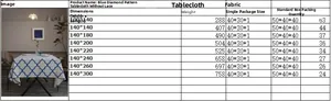 Detailed size chart for blue geometric diamond pattern linen tablecloth in various dimensions