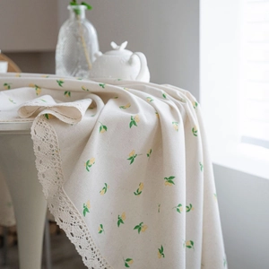 Pastoral round tablecloth with lemon print and elegant beige lace trim edges