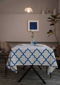 Blue Moroccan trellis pattern cotton linen tablecloth with elegant drape for dining table