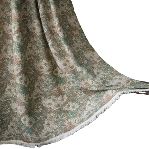 Floral green curtain with retro flower jacquard pattern and white tassels for home decor