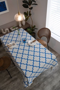 Close-up of blue geometric clover pattern on durable cotton linen rectangle tablecloth