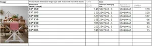 Size chart for red striped table runner with white tassels in various lengths and weights