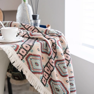 Bohemian geometric jacquard tablecloth with fringe tassels in retro warm tones