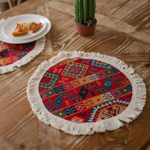 Red bohemian jacquard table runner with geometric patterns and fringe tassels