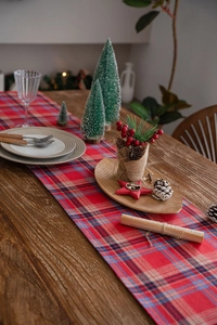 Detail of red and blue checkered table runner with Christmas pine cones and tableware