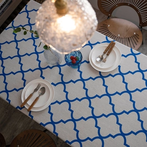 Blue geometric diamond pattern rectangular cotton linen tablecloth for home dining decor