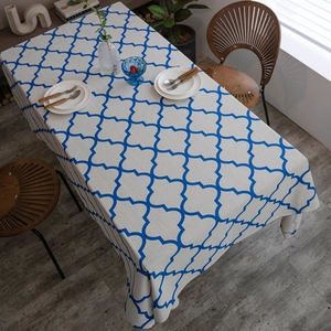 Blue clover geometric pattern cotton linen tablecloth for rectangular dining tables