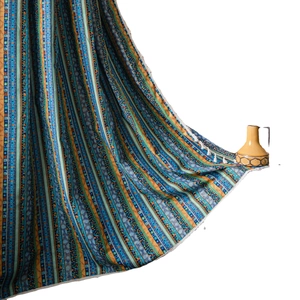 Bohemian striped cotton linen curtains with colorful patterns and white tassel trim edges