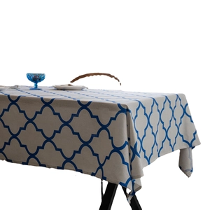 Blue geometric Moroccan pattern linen tablecloth with decorative tassel edge finish