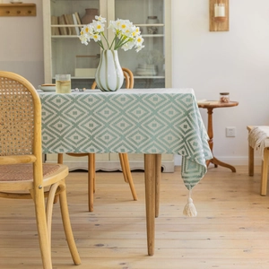 Mint green and white diamond jacquard tablecloth with elegant tassel fringe edges