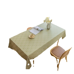 Green and cream diamond pattern rectangular tablecloth with elegant tassels for dining room