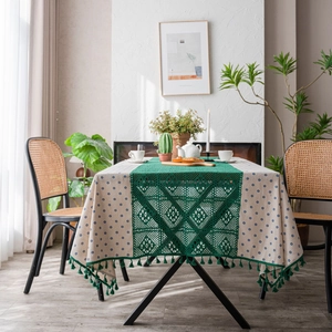 Cotton Linen Floral Tablecloth With Hollow Crochet Stitching Tassels Rectangular Fresh Style Dining Table Cover Decor