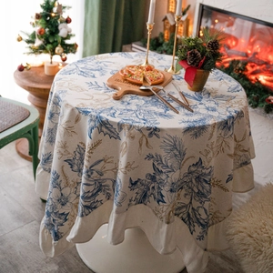 Winter floral round tablecloth with ruffled edges and festive Christmas prints