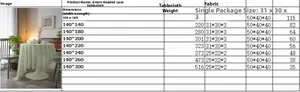 Size chart for light green beaded lace tablecloth showing dimensions and weight specifications