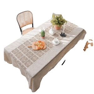 Linen rectangle tablecloth with hollow lace patchwork and fringe edges for dining room