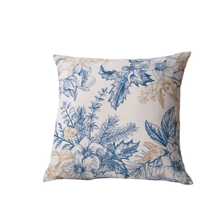 Square floral cushion cover with vintage hand-painted botanical patterns on beige fabric