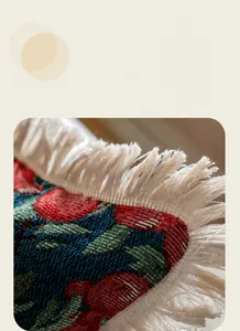 Macro del cuscino jacquard colorato con dettagli di frange color crema densamente tessute
