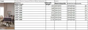 Size chart for jacquard cherry tablecloth with tassels showing dimensions and fabric weight