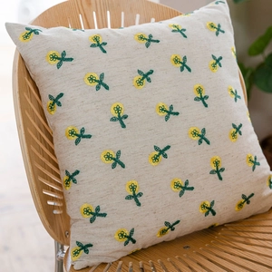 Floral embroidered cotton linen cushion cover with yellow flower patterns for home decor