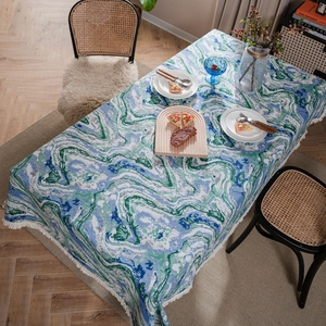 Green and blue marble pattern jacquard tablecloth with elegant white tassels for dining