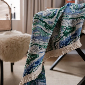 Artistic green ink landscape jacquard tablecloth with elegant white tassels for home decor